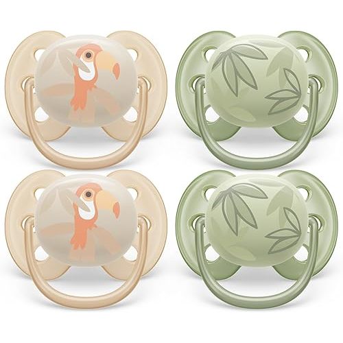 Philips Avent Ultra Soft Pacifier 0-6m, Toucan/Green Leaves, 4 pack SCF091/24