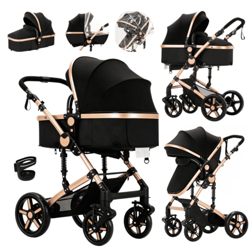 EaseBaby 2-in-1 Baby Stroller,Travel Pushchair, High-View Infant Carriage with Cup Holder, Mosquito Net for 0-36 Months,Unisex,Black Gold
