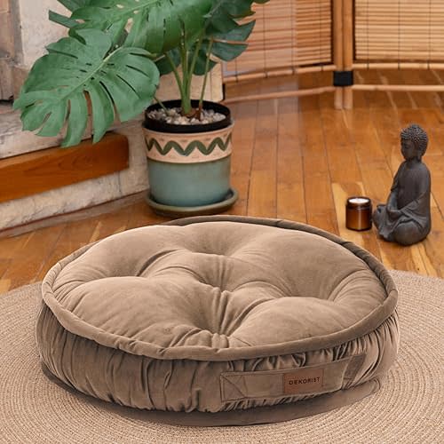 Round Floor Cushion, Floor Pillow Thick Floor Seating, Comfortable Supportive, Quilted Soft Booster Seat Pad for Yoga Meditation, Yoga Cushion, 56 cm 22 inch, Ibiza, Light Brown