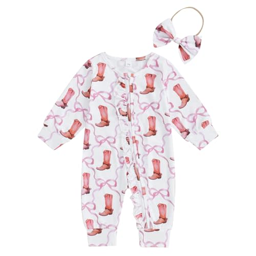 SAYOO Western Boots Baby Cowgirl Clothes Zipped Fall Romper Outfit for Newborn Girl Cow Print Bow Print One-piece Jumpsuit