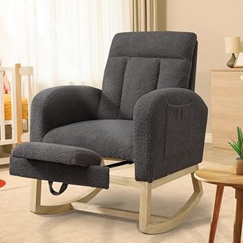 Nursery Rocking Chair with Adjustable Footrest for Living Room,Modern Upholstered Nursery Glider Rocker Indoor Baby Room,Comfy Lounge Armchair with Wooden Legs Side Pocket High Backrest,Gray