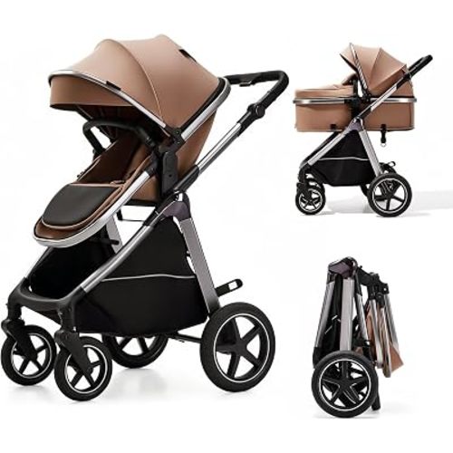 2-in-1 Convertible Baby Stroller, 0-36M Reversible Fully Reclining Seat, One-Hand Fold, All-Wheel Suspension, 5-Point Harness, Khaki