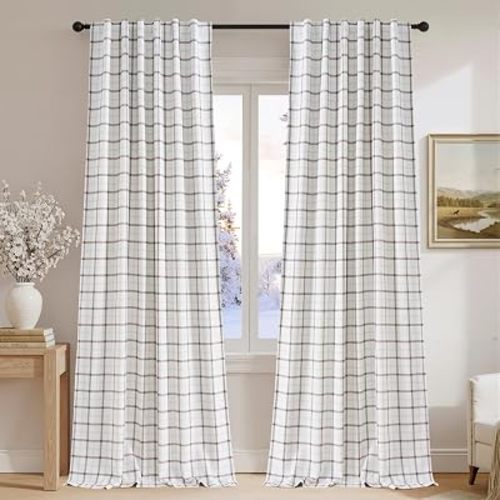 NICETOWN 100% Plaid Linen Blackout Curtains 84 Inch Long for Living Room Bedroom, Farmhouse Double Layer Windowpane Drapes Thermal Insulated Privacy Rod Pocket Back Tab, 2 Panels, 52" W, White