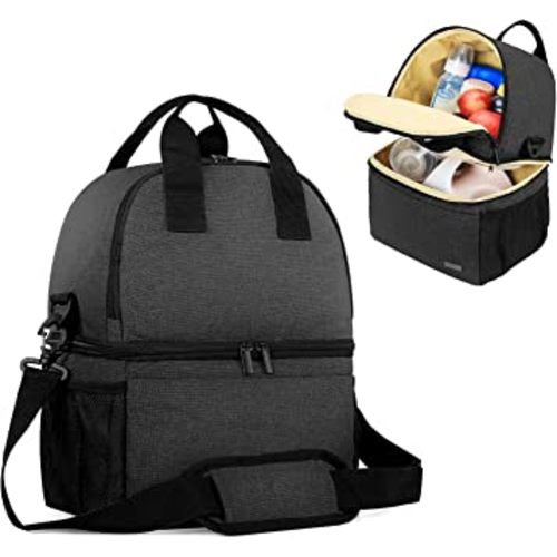 Teamoy Breast Pump Bag Tote with Cooler Compartment for Breast Pump, Cooler Bag, Breast Milk Bottles and More, Double Layer Pumping Bag for Working Moms, Black(Bag Only)
