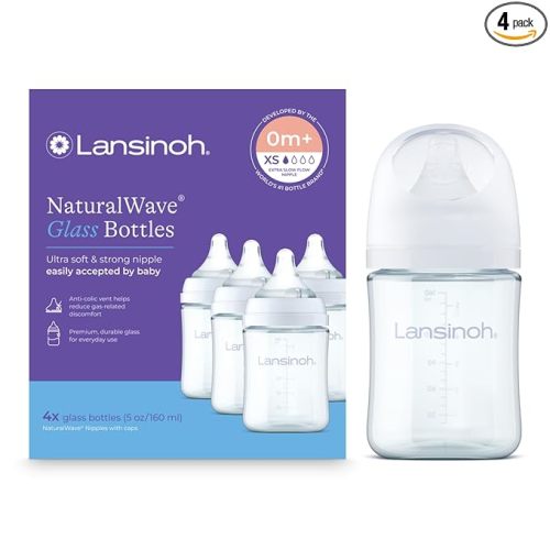 Lansinoh Glass Baby Bottles, Anti-Colic, White, 5oz, 4 Count, with Extra Slow Flow Nipples (Size XS, 0-1 Month), Baby Feeding Essentials