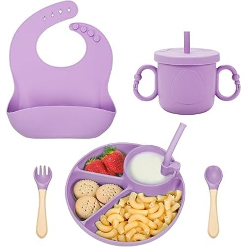 Silicone Baby Feeding Set, Baby Led Weaning Supplies, Silicone Suction Plate, Bowl, Spoons, Fork, Waterproof Bib, Cup and Food Tableware, Eating Utensils Baby Feeding Essentials for 3+ Months