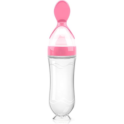 Baby Food Feeder Silicone Baby Food Dispensing Spoon-WAJIAYON, 3 oz Squeeze Feeding Spoons with Suction Cup for Boys Girl Kids Toddlers - Self Feeding Bottle Spoon-Pink