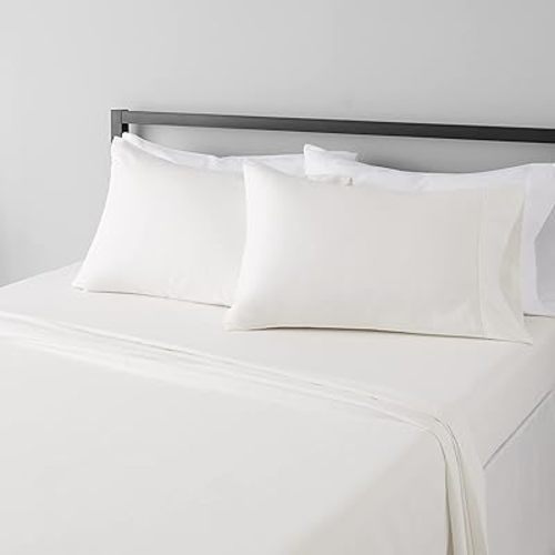 Amazon Basics Lightweight Super Soft, Wrinkle-Free, Breathable Microfiber 4 Piece Bed Sheet Set with 14-Inch Deep Pockets, King, Cream, Solid