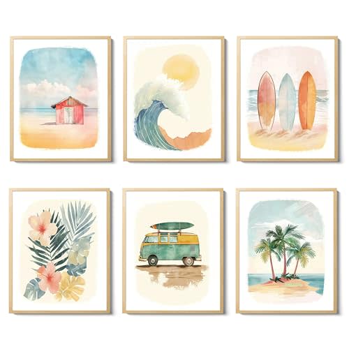 Beach Nursery Poster, Set of 6 Ocean Kids Wall Art Watercolor Summer Surf Wall Decor Beachy Boys Room Decor Funny Teen Coastal Surfboard Canvas Prints Aesthetic Unframed 8x10 inch