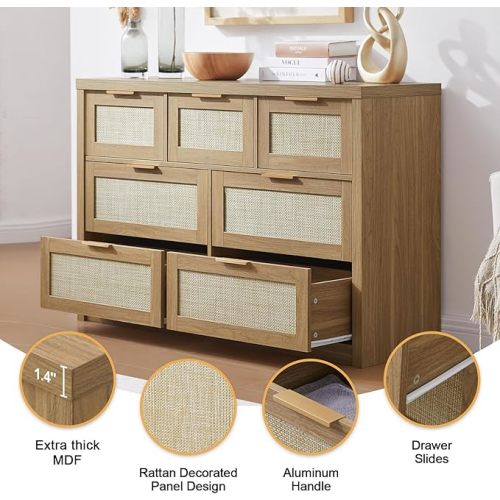 7 Drawers Dresser, Rattan Dresser TV Stand for Bedroom Closet, Wood Chests of Drawers with Metal Handle and Wide Drawers, 47.24" W x 15.43" D x 31.29" H