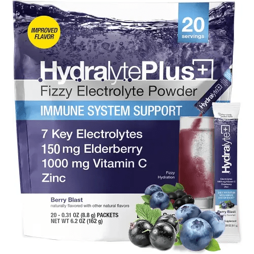 Hydralyte Electrolytes Plus Immunity, Elderberry - Low Sugar Rapid Rehydration Powder - Lightly Sparkling Electrolyte Powder Packets with 1,000mg Vitamin C and 300 mg Elderberry (8oz Serve, 20 Count)