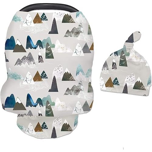 Baby Carseat Cover with Beanie, Adventure Mountain Infant Carseat Canopy for Boys Girls, Nursing Cover Breastfeeding Scarf for Mom, for Stroller High Chair Shopping Cart