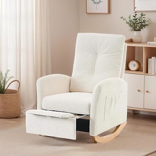 Rocking Chair Nursery with Foot Rest Nursery Glider Accent Chair with Side Pocket Upholstered Recliner Chair High Back Rocker Reading Living Room Chairs for Bedroom Living Room