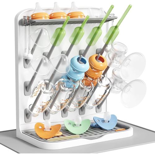 Lifewit Large Baby Bottle Drying Rack with Drain Mat, 15 Hooks Vertical Rack Dryer with Removable Pacifiers Box, Drip Tray, Space Saving Countertop Holder Organizer for Weighted Straws, Pump Parts