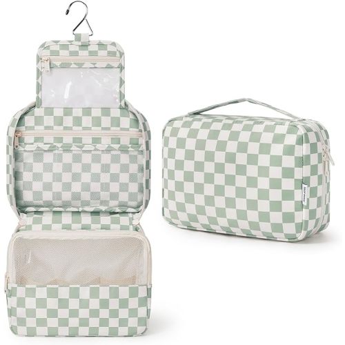 Small Hanging Travel Toiletry Bag, Mint Green Check