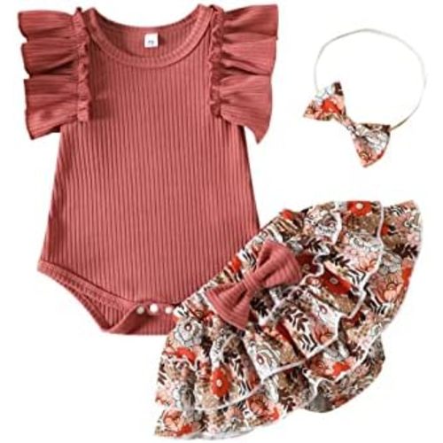 Kupretty Baby Girl Clothes Cute Summer Infant Outfits Ruffle Sleeveless Knit Romper + Floral Bow Bloomers Shorts + Headband