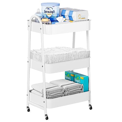 Volnamal Baby Diaper Caddy Organizer, Metal Utility Diaper Cart, Multifunction Essential Newborn Baby Registry Items, Movable Changing Station/Easy Assembly, White