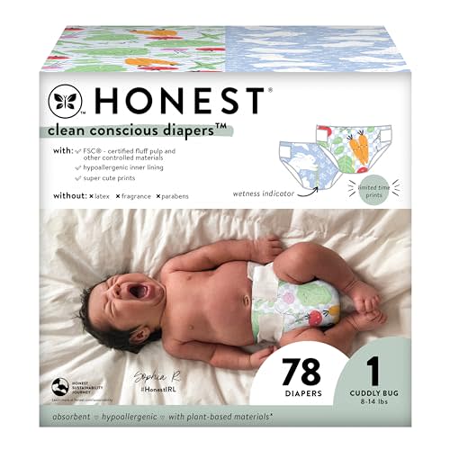 The Honest Company Clean Conscious Diapers | Plant-Based, Sustainable | Spring '24 Limited Edition Prints | Club Box, Size 1 (8-14 lbs), 78 Count