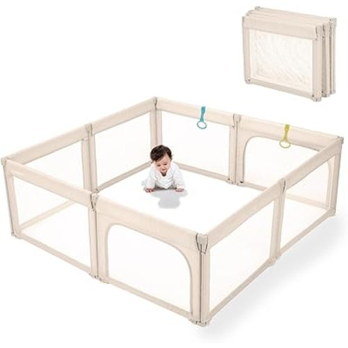 Doradotey Baby Playpen Foldable for Toddlers 1-3, Size and Shape Adjustable Enclosure, 8-Panels Detachable Gate 79x71 Large Indoor Playard, Easy Assembly and Clean, Safety Fence Play Area, Khaki