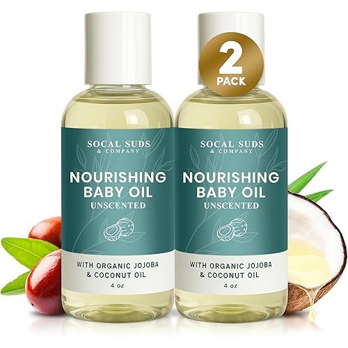 SoCal Suds & Company -Natural & Organic Baby Oil -Newborn Essentials -Gentle Moisturizing Nourishing Oil for Delicate Tender Skin -Vitamin-Enriched with Jojoba and Sunflower Oils - Fragrance Free, 4oz