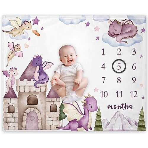 Yuzioey Dragon Girl Milestone Blanket, Dragon Fairy Tale Baby Growth Chart Monthly Blanket, Watch Me Grow Purple Dragon Baby Nursery for New Moms Baby Shower(50"x40")