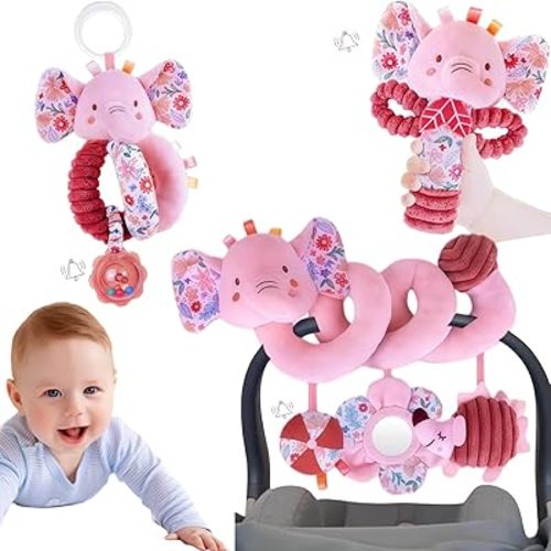 Baby Toys 0-6-12 Months Spiral Car Seat Toy, Infant Stroller Hanging Rattle Stuffed Animal Newborn Girl Boy Gift Easter Basket Stuffers Mirror Pink Elephant 3PCS