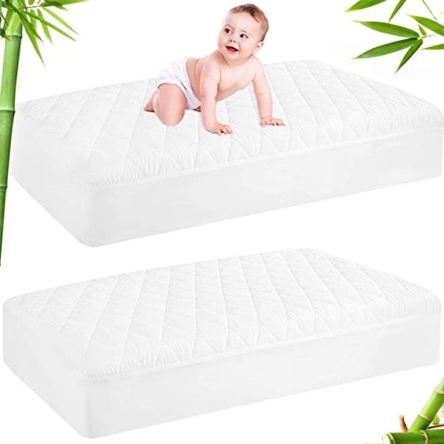 GRT 2 Pack Bamboo Waterproof Crib Mattress Protector, Cooling Quilted Baby Mattress Cover Fitted Deep Pocket from 4" up to 9", Extra Soft Breathable & Noiseless Toddler Mattress Pad 52"x28", White - Crib 52x28x9 Inch (Pack of 2)