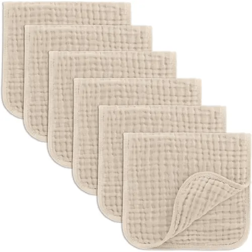 Comfy Cubs Muslin Burp Cloths Set Large 100% Cotton Hand Washcloths for Babies, Baby Essentials 6 Layers Extra Absorbent and Soft Boys & Girls Baby Bibs & Burp Cloths Set (Sand, 6-Pack, 20" X10")
