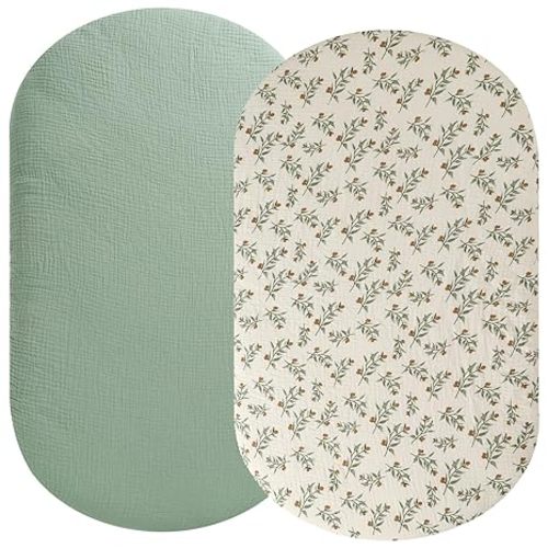 Muslin Bassinet Sheet Compatible with Snoo Smart Sleeper, Dream On Me Lacy Portable, Safety 1st Sleeper Bassinet, 2 Pack Cotton Fitted Bassinet Sheets for Baby Roman Green & Botanical Leaf