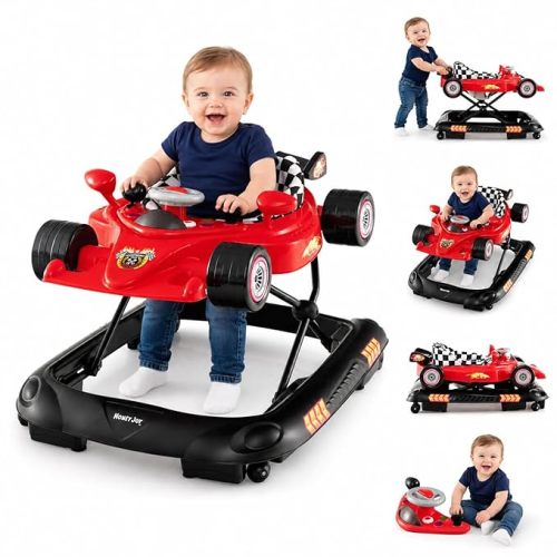 HONEY JOY Baby Walker, 4-in-1 Foldable Infant Activity Push Walker, Toddler Car Walker w/Adjustable Heights, Music, Lights, Removable Tray, Baby Walker with Wheels for Boys Girls 7-14 Months (Red)