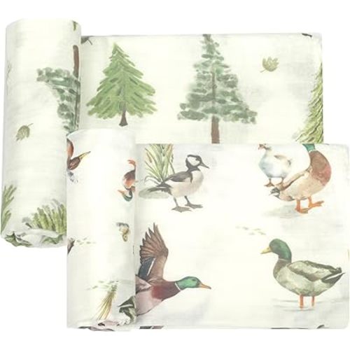 Muslin Swaddle Blankets Neutral - Soft 47x47 Inch Baby Swaddle Wrap & Nursery Receiving Blanket, Mallard Duck/Woodland - Breathable 70% Bamboo Viscose & 30% Cotton
