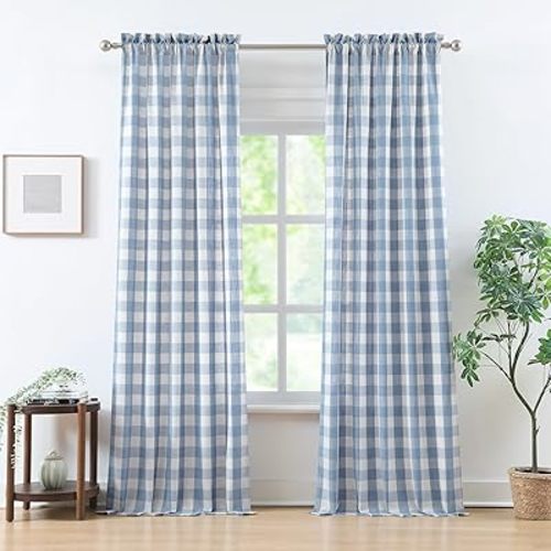 Buffalo Plaid Semi Sheer Curtains 84 Inches Long,Linen-Dusty Blue Buffalo Check Drapes for Bedroom Living Room,Farmhouse Gingham Window Treatment,Rod Pocket,40" Wx84 Lx2,Linen-Dusty Blue