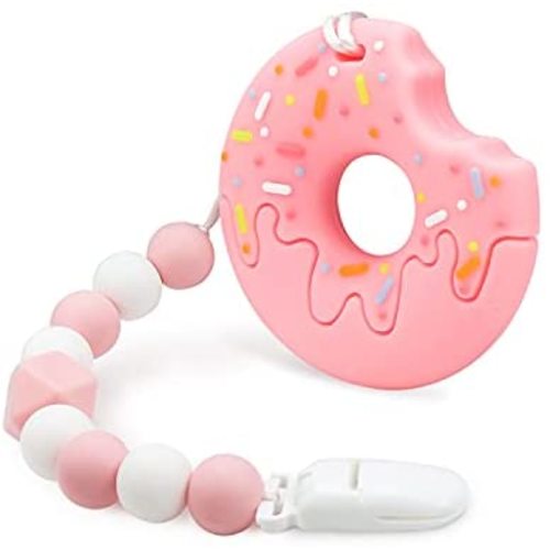 Baby Teething Toys for 3-6 6-12 Months Babies with Donuts Cookie Design, Silicone Teethers with Relief Beads Binky Holder and Pacifier Clips for Boys and Girls (Pink)