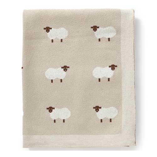 mimixiong Baby Blanket Knit 100% Cotton Toddler Blankets for Boys and Girls with Cute Sheep Size 30 x 40 inches Khaki