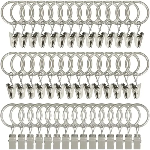44 Pack Matte Silver Curtain Rings with Clips, Curtain Hooks Hangers Clip Rings for Hanging Drapes Bows Hat, Drapery Rings 1 in I D, Fits up to 5/8 in Diameter Curtain Rod.
