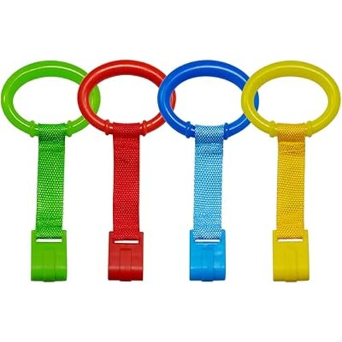 4 PCS 4 Colors Plastic Baby Crib Pull Rings Kids Walking Exercises Assistant Stand Up Rings Baby Cot Hanging Rings for Infant Baby Toddler Practice Tool
