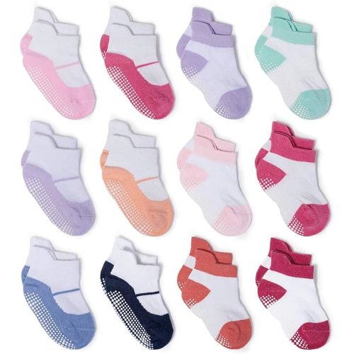 Zaples Baby Non Slip Grip Ankle Socks with Non Skid Soles for Infants Toddlers Kids Boys Girls - 0-6 Months - Mary Janes - 12 Pairs