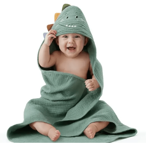 Blissful Diary Muslin Baby Hooded Towel, Soft and Absorbent Bath Towel for Newborn, Infant, Toddler, Unisex, 32″x32″ - Roguish Dino