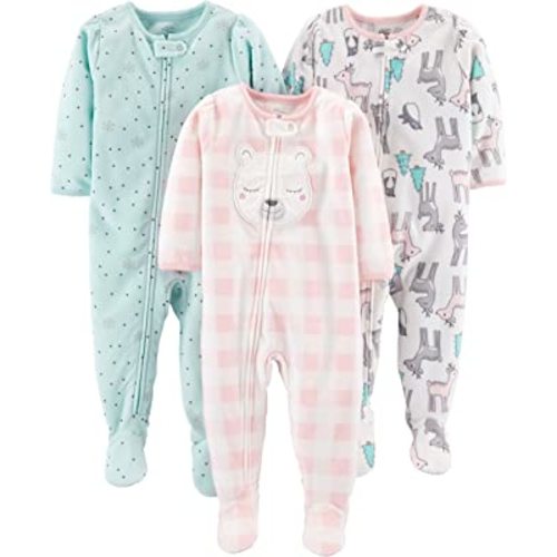 Simple Joys by Carter's Toddlers and Baby Girls' Loose-Fit Flame Resistant Fleece Footed Pajamas, Pack of 3