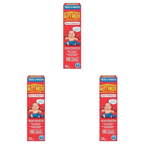 Boudreaux's Butt Paste Maximum Strength Diaper Rash Cream, Ointment for Baby, 4 oz Tube (Pack of 3)