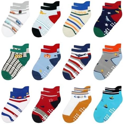 12 Pack Non Slip Kids Toddler Baby Socks with Grips 1-7 Years Boys Girls Cotton Ankle Socks Multi Colors