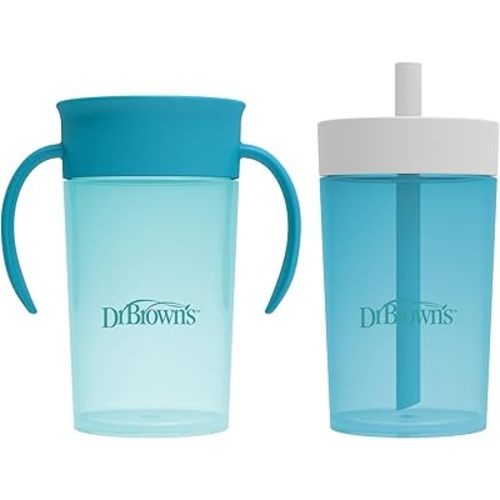 Dr. Brown's Milestones Straw to 360° Cup Set, Convertible Toddler Training Cup Set with Interchangeable Silicone Straw and 360 Degree Cup Lids, Ocean Blue, 10 oz/300 mL, BPA Free, 9m+, 2 Pack