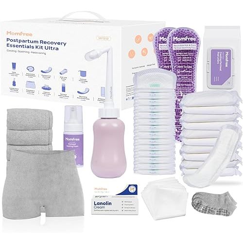 Upgraded Postpartum Essentials Recovery Kit for Women: Labor Delivery Post Partum - Perineal Healing Foam & Upside Down Peri Bottle | 6 Disposable Underwear | Soothing Pads | Nursing & Maxi Pads