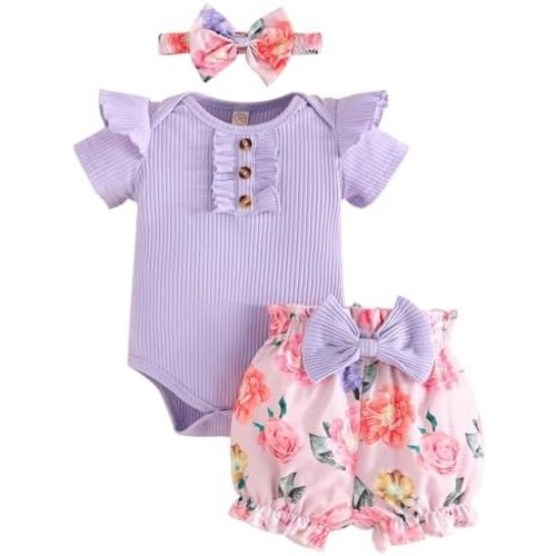 Baby Girl Clothes Newborn Infant Outfit Ruffle Romper and Short Pants Clothing Sets for Summer Spring