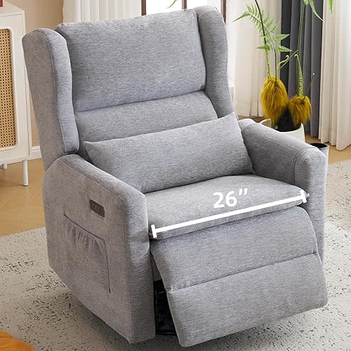 Oversized Swivel Rocker Recliner Chair, 26" Extra Wide Glider Nursery Chair with Adjustable Headrest, Chenille Power Recliner Rocking with Double Cushion, Cup Holder, Grey
