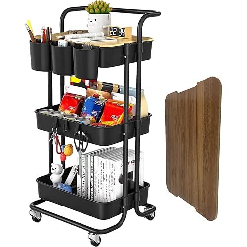 3 Tier Rolling Cart with Metal Handle, Table Top, Hanging Cups, Hooks, Plastic Storage Baskets& Wheels Lockable, Utility Cart for Bathroom Classroom Office Kitchen Pantry Organizers and Storage, Black