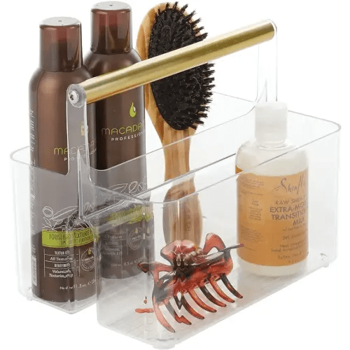 mDesign Plastic Shower Caddy Storage Organizer Utility Tote, Divided Basket Bin - Metal Handle for Bathroom, Dorm, Kitchen, Holds Soap, Shampoo, Conditioner - Aura Collection - Clear/Soft Brass