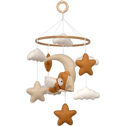 Crib Mobile for Girls, Sleeping Princess Bear Baby Mobile for Crib, Handmade Felt Crib Mobile, Baby Crib Mobile with Cloud and Stars, Nursery Baby Mobile for Bassinet (Cinnamon)