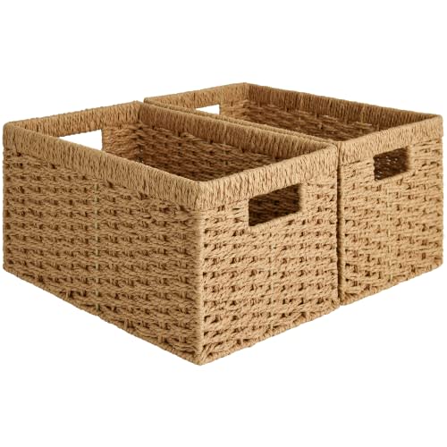 StorageWorks Round Paper Rope Storage Baskets, Rectangular Wicker Baskets with Built-in Handles, Medium, 13 ¼ x 8 ½ x 7 ¼ inches, 2-Pack