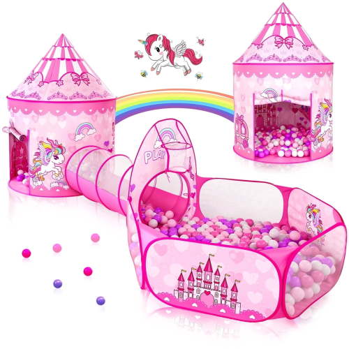 Wilwolfer Kids Tunnel Tent, Playhouse, Ball Pit, Princess Castle, Indoor Outdoor, Pink